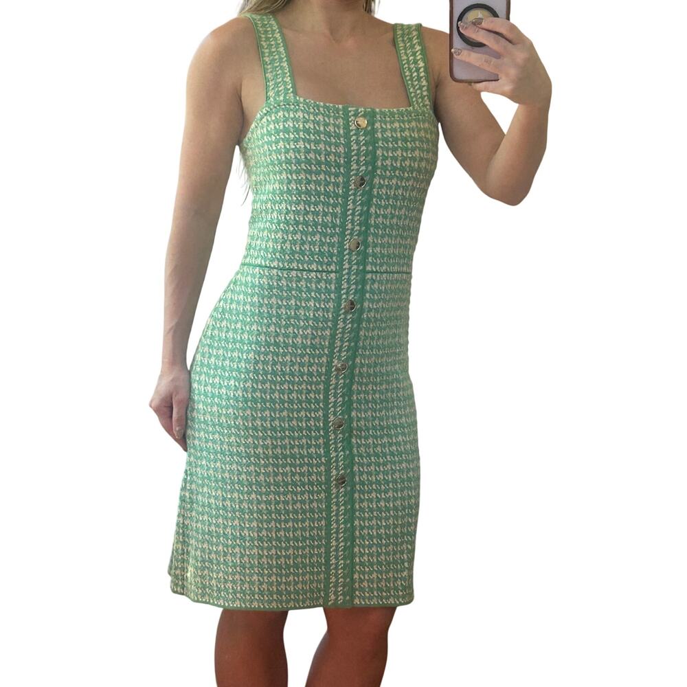 Sandro Paris Lea Green Tweed Houndstooth Gold Button Mini Dress 34 XS/S